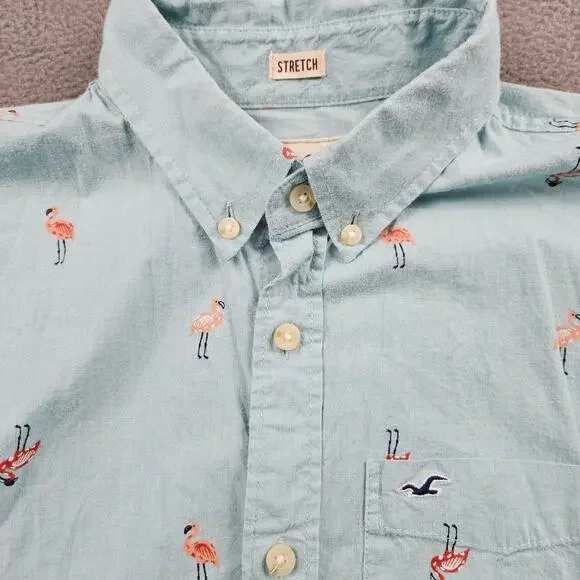 Hollister Flamingo Button Up Shirt Mens M Short Sleeve Blue Preppy Stretch - Picture 2 of 7